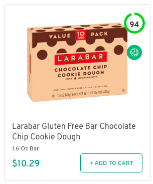 Larabar Gluten Free Bar Chocolate Chip Cookie Dough Nutrition and Ingredients