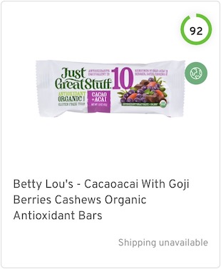 Betty Lou's - Cacaoacai With Goji Berries Cashews Organic Antioxidant Bars Nutrition and Ingredients