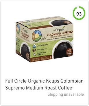 Full Circle Organic Kcups Colombian Supremo Medium Roast Coffee Nutrition and Ingredients