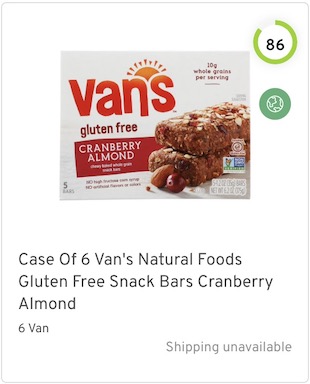 Van's Natural Foods Gluten Free Snack Bars Cranberry Almond Nutrition and Ingredients