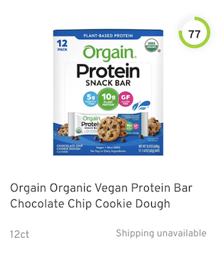 Orgain Organic Vegan Protein Bar Chocolate Chip Cookie Dough Nutrition and Ingredients