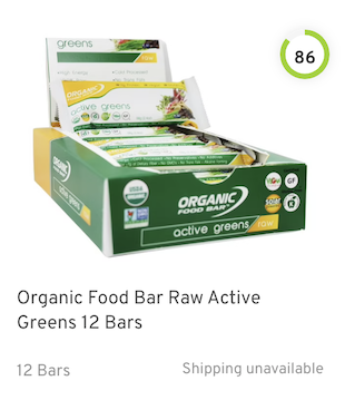 Organic Food Bar Raw Active Greens Nutrition and Ingredients