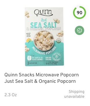 Quinn Snacks Microwave Popcorn Just Sea Salt & Organic Popcorn Nutrition and Ingredients