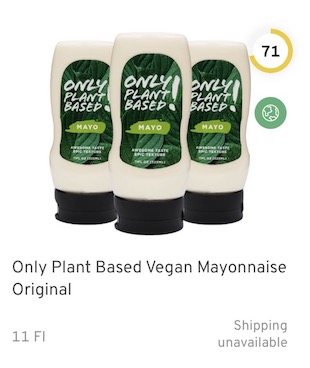 Only Plant Based Vegan Mayonnaise Original Nutrition and Ingredients